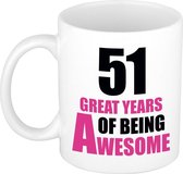 51 great years of being awesome mok wit en roze - cadeau mok / beker - 29e verjaardag / 51 jaar