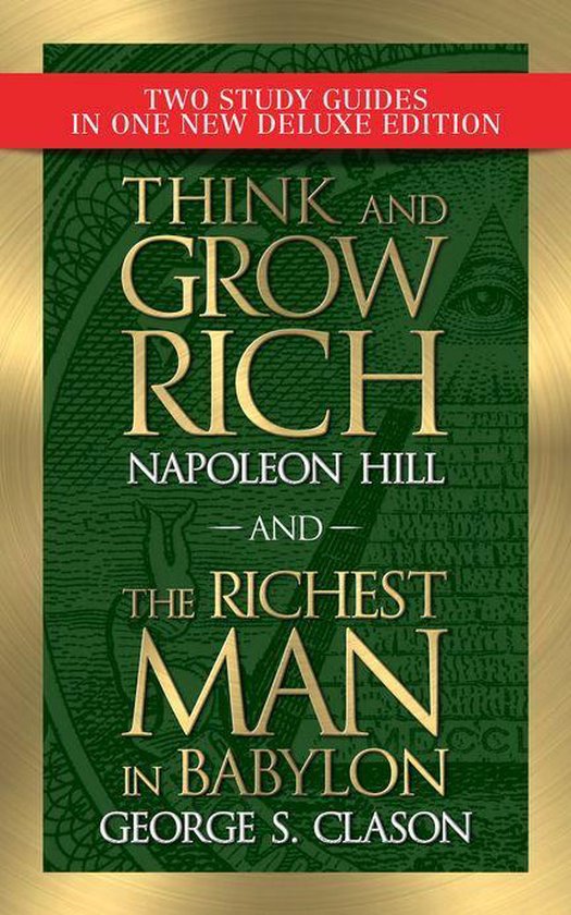 Boek 'Think and Grow Rich' en 'The Richest Man in Babylon', twee studieboeken in één editie, met een groene achtergrond en gouden letters.