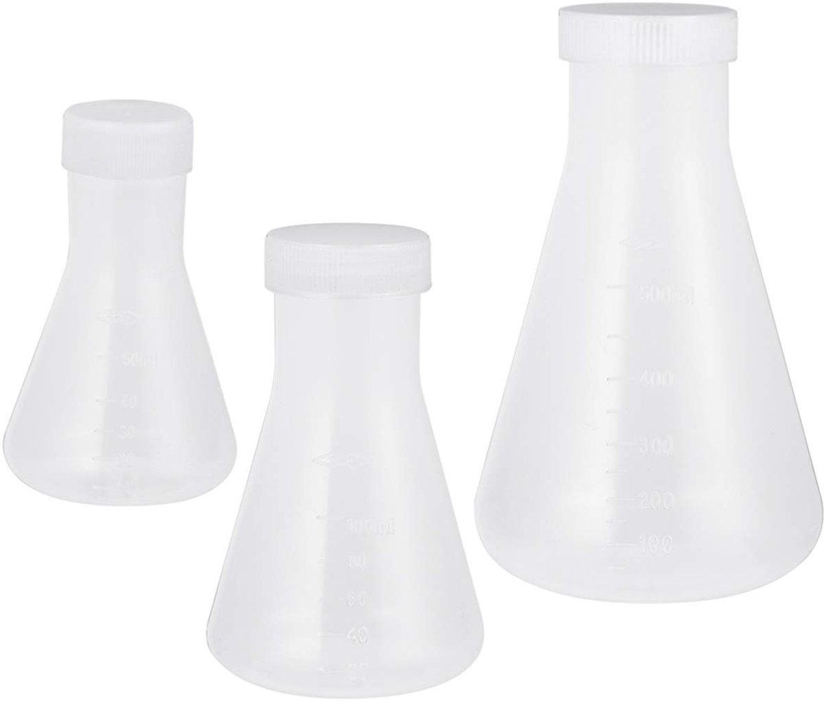 Set van 3 plastic Erlenmeyer kolven voor chemisch lab - 500 ml, 100 ml en 50 ml, ideaal voor experimenten en analyses
