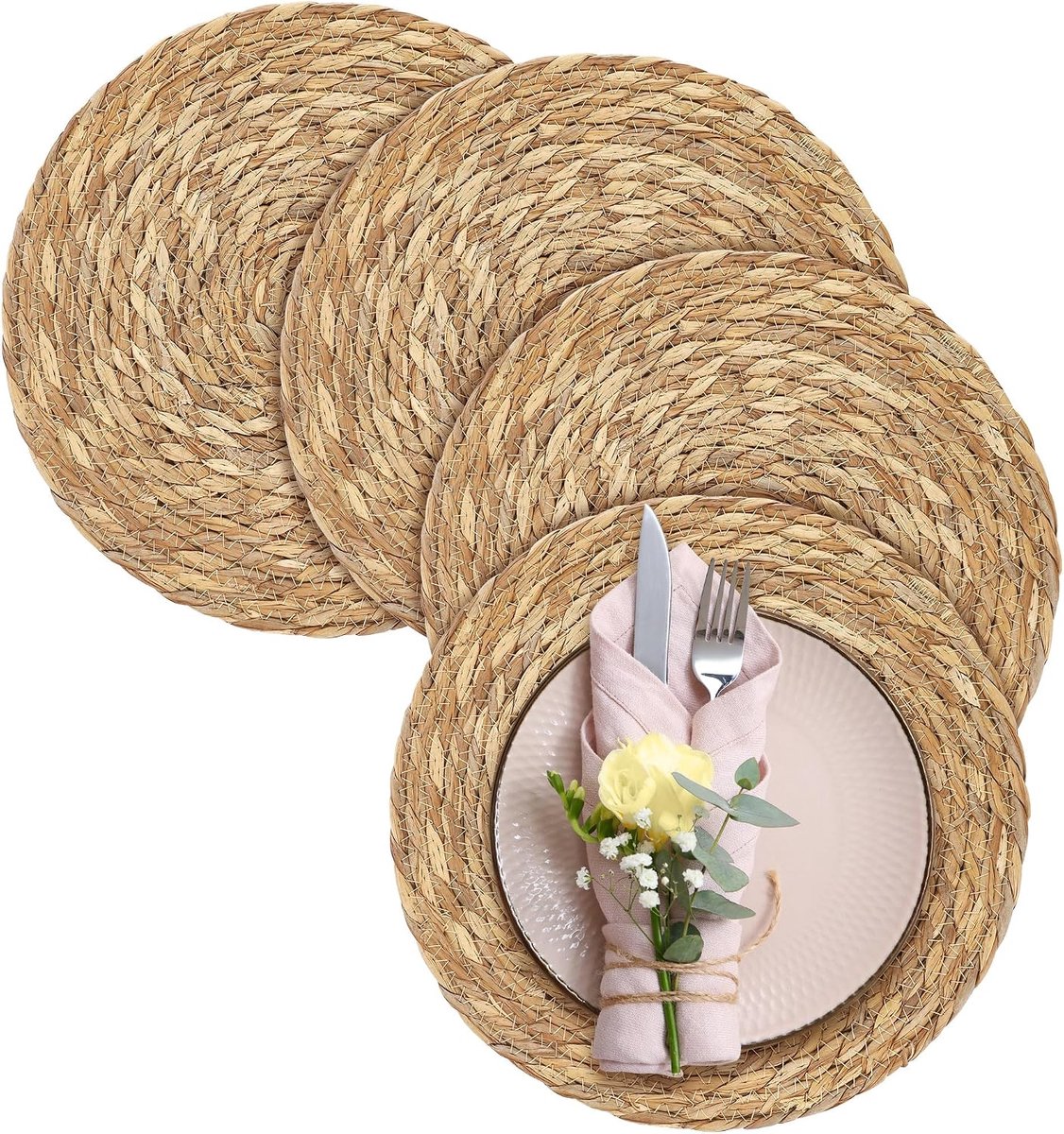 Placemats - Ronde Geweven Placemats - 35 cm - Natuurlijk Handgeweven - Antislip en Hittebestendig - Voor Keuken en Eettafel - Natuur - 4 stuks