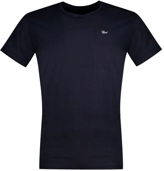 Donkerblauw T-shirt met korte mouwen en logo op de borst.