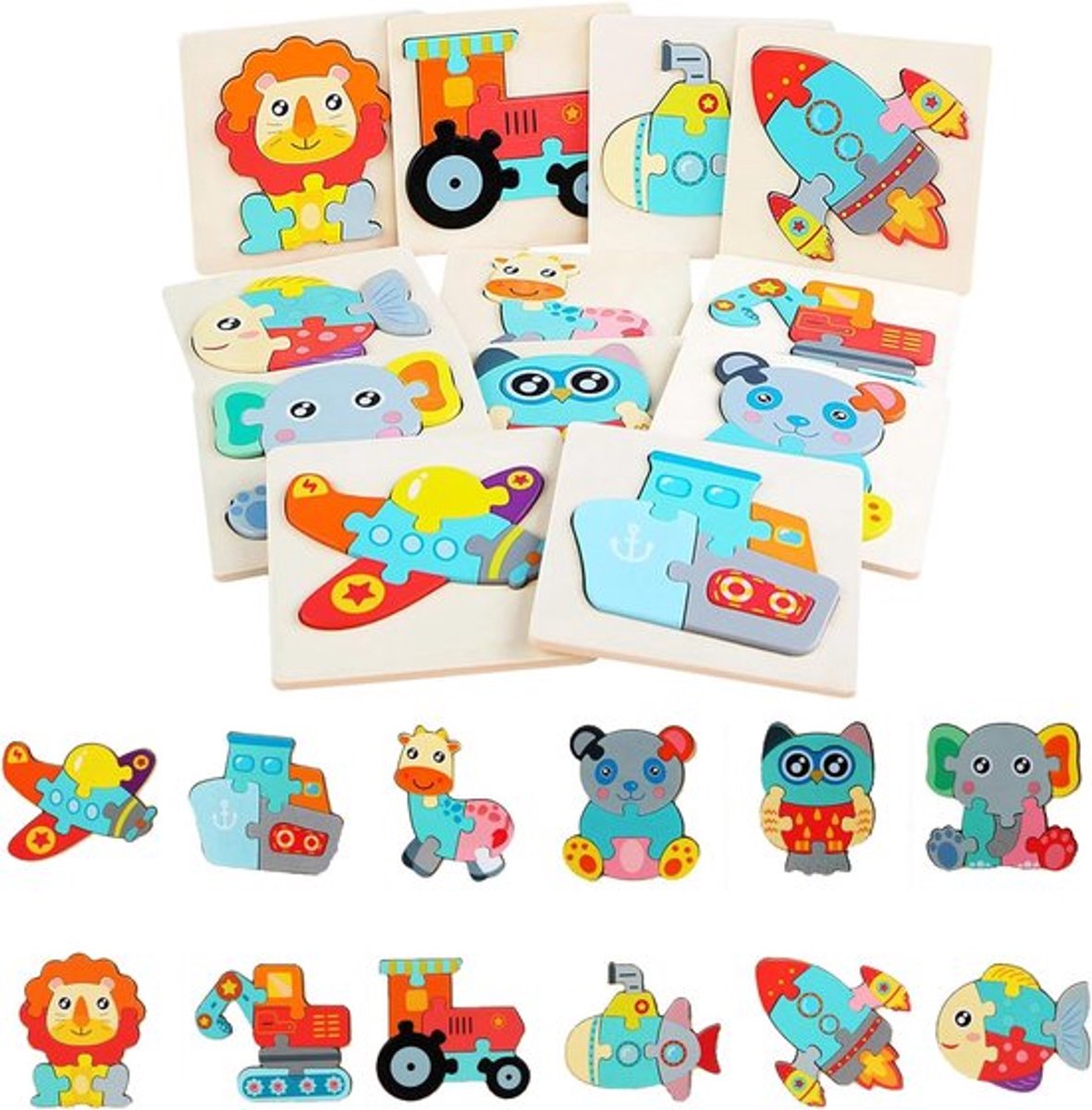 Allecto Plus - Houten Dieren Puzzels voor Peuters | 12 Stuks | Jongens en Meisjes