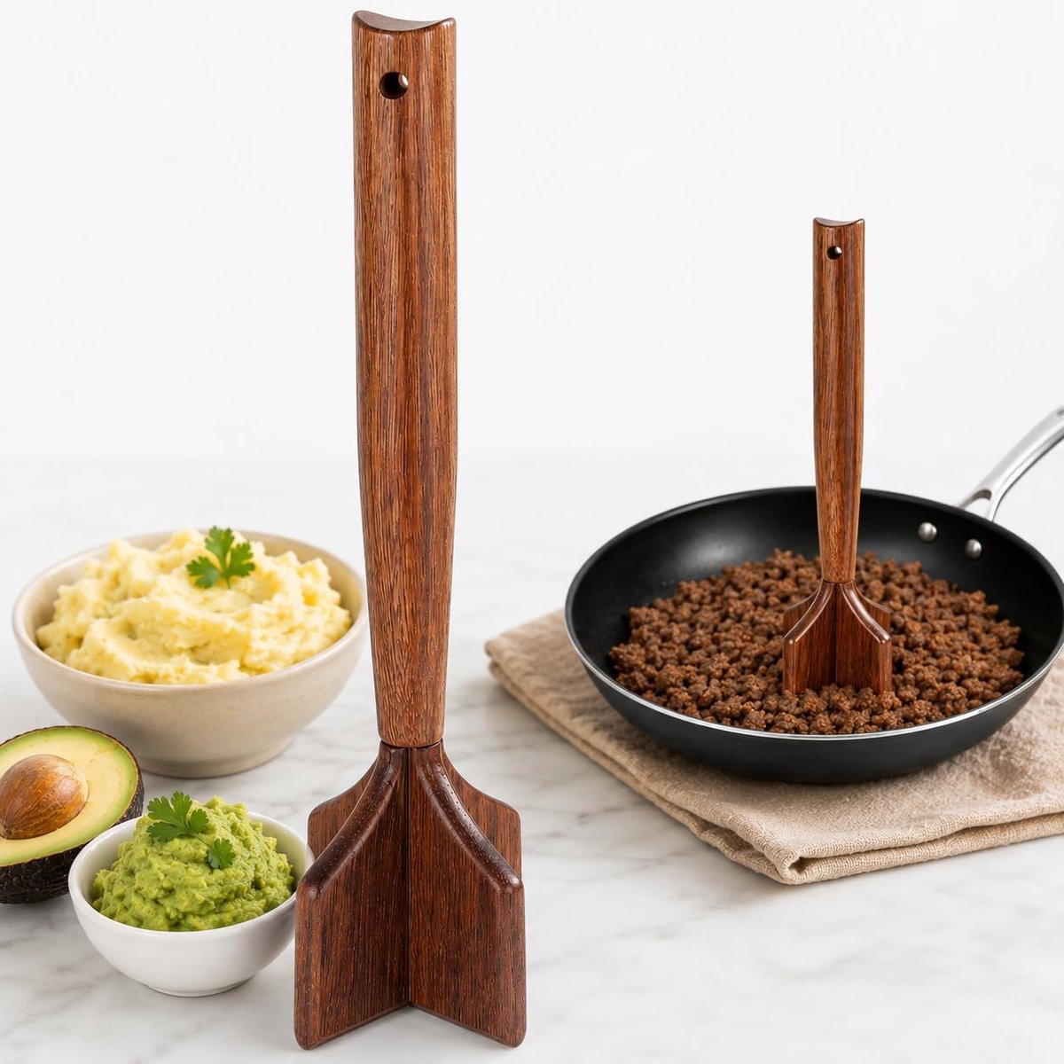 Houten Gehaktmolen - Kruisvormige Vleesmolen - Aardappelstamper - Massief Hout - Multifunctioneel voor Hamburger, Vlees, Aardappelen