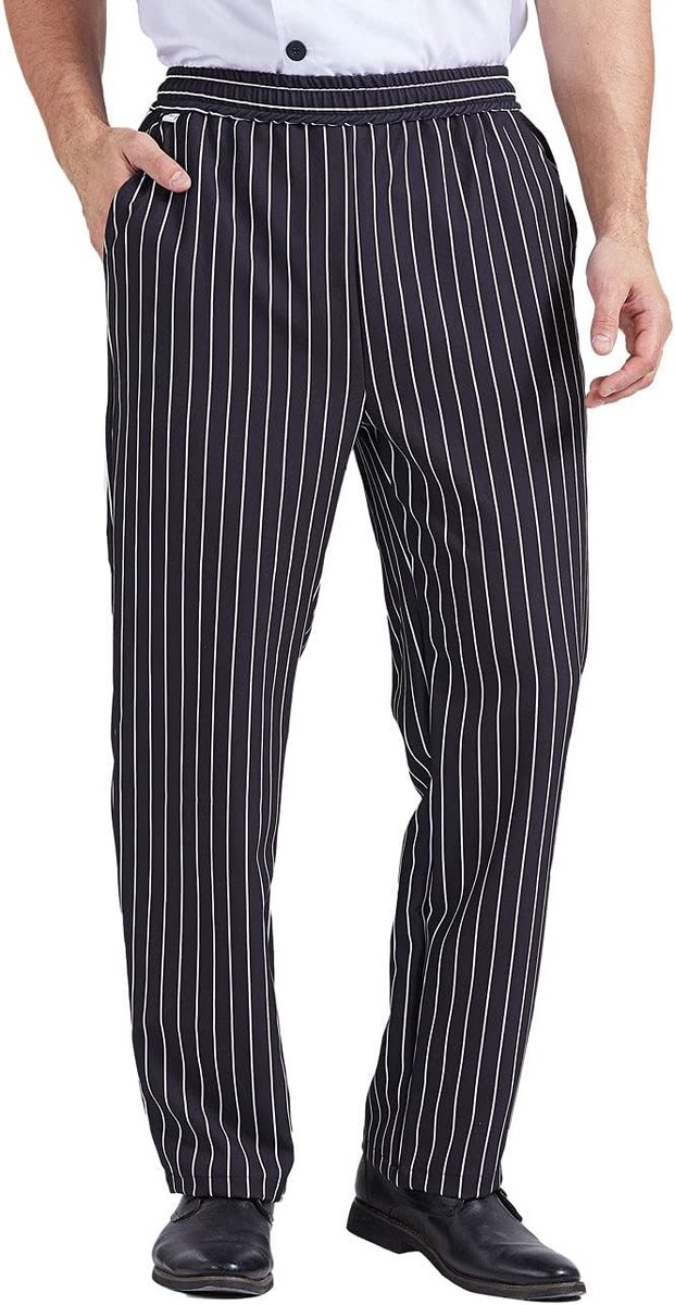Unisex Zwarte Koksbroeken voor Professionals met Elastische Tailleband en Klassiek Streepdessin, Ideaal voor Koks en Horeca, Maat L