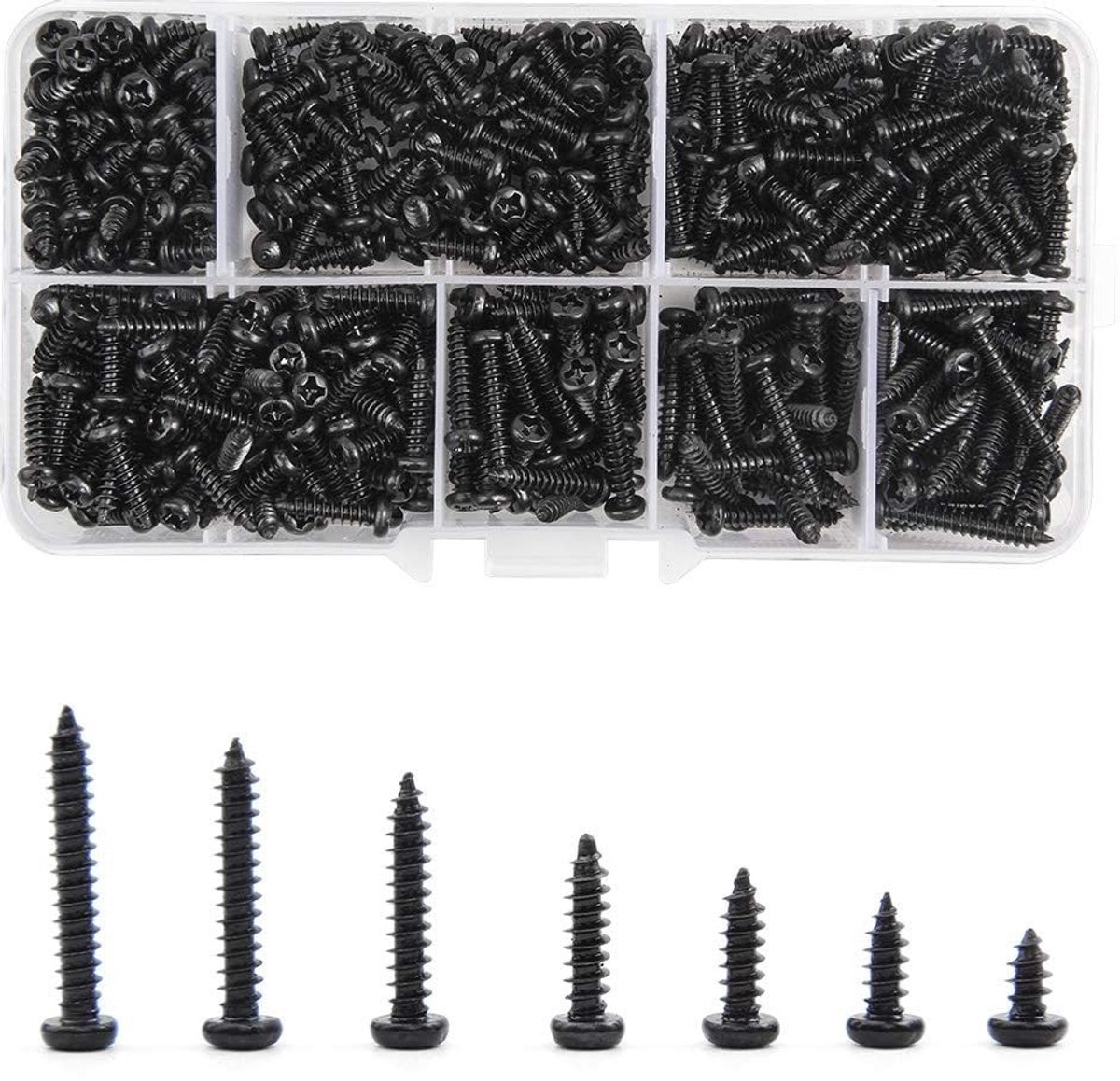 Set van 500 Zelftappende Schroeven van Koolstofstaal met Zwarte Afwerking - M3 Kruiskop Panhead Assortiment in Duidelijke Opbergdoos voor Hout, Kunststof en Zacht Metaal