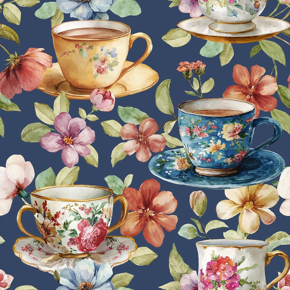 Vintage Bloemen Behang Zelfklevend 44.5 cm x 400 cm voor Meubels en Muren - Decoratieve Film voor Slaapkamer en Woonkamer met Theekopjes Patroon