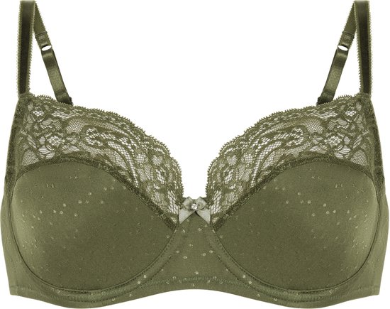 Groene bh met stippenpatroon en kanten cups. Met strikje en verstelbare bandjes.