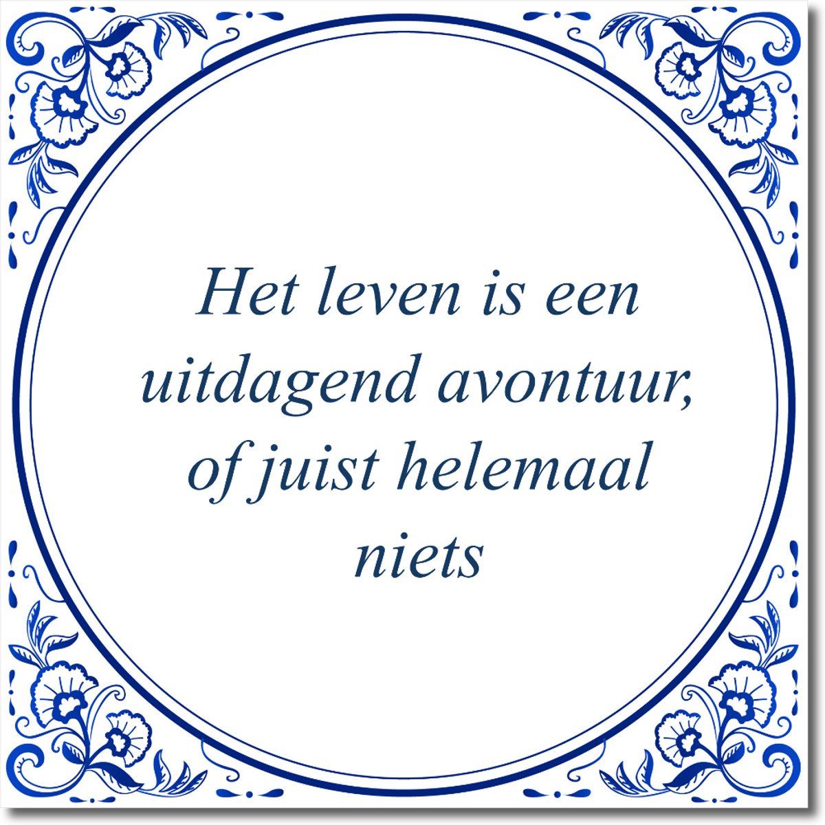 De Tegeltjesfabriek Tegeltje: Het leven is een uitdagend avontuur, of juist helemaal niets (met hangertje) wit en blauw