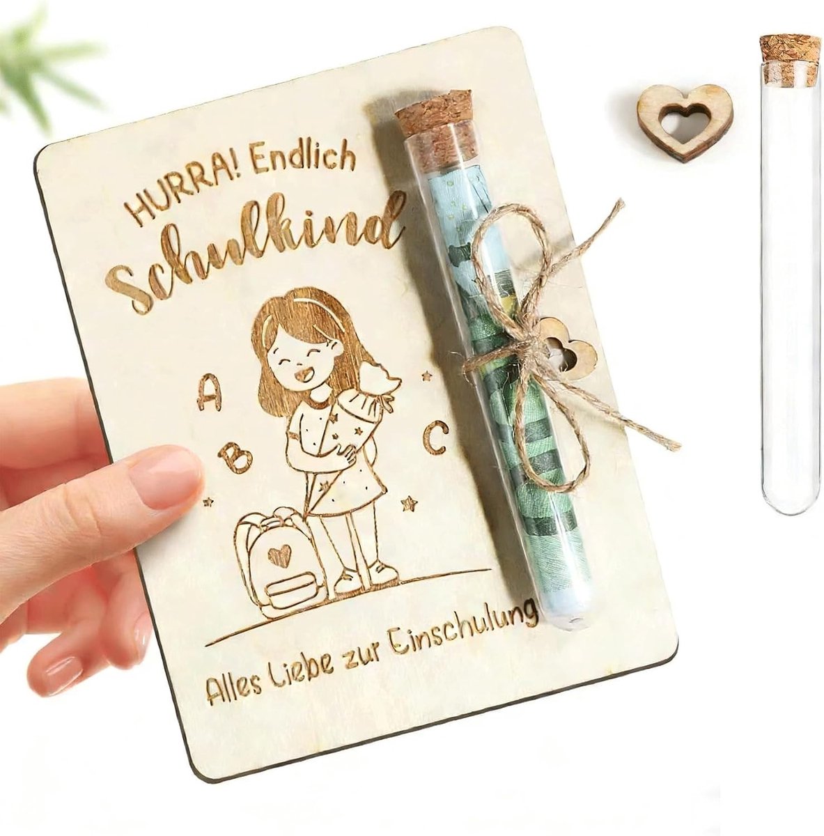 Verpakking voor geldgeschenken en cadeaubonnen met transparante spuit en kurkhouder voor de eerste schooldag (meisjes)