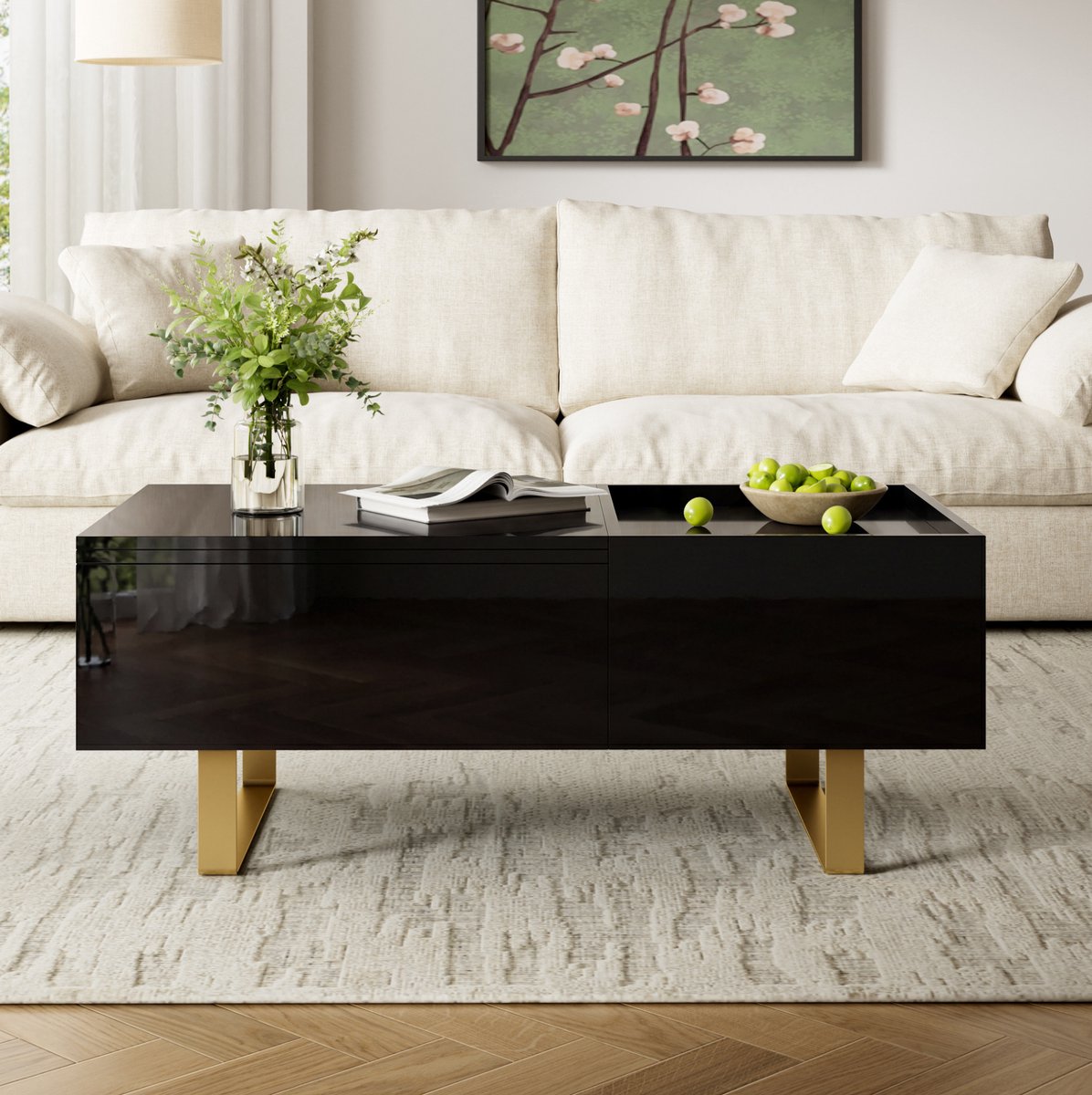 MODENUIT Salontafel - Hoogteverstelbaar Met Lade Opbergruimte - Voor Woonkamer - MDF Zwart - 100x50x54,5