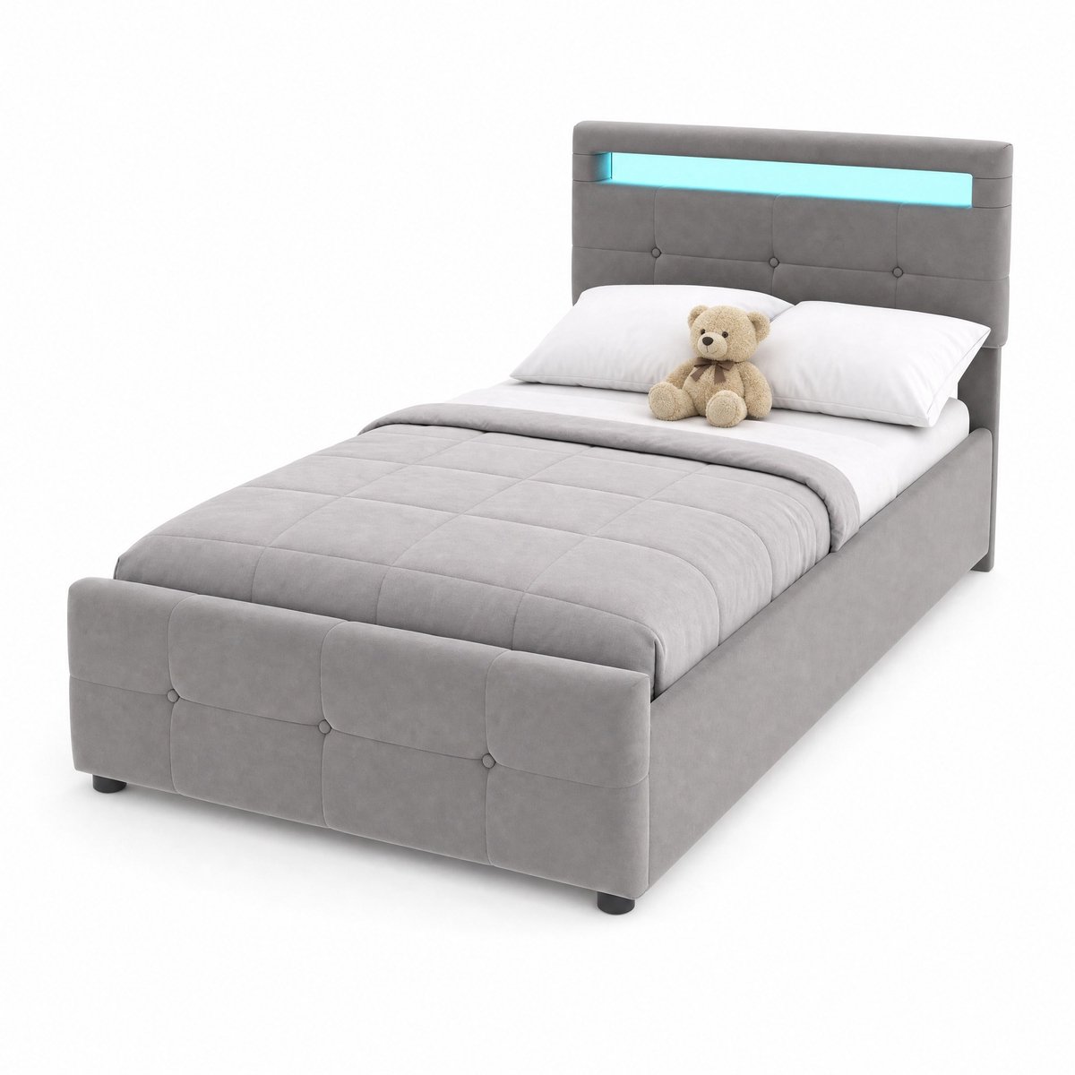WUVRIE Gestoffeerd kinderbed 90x200 cm met LED, opbergruimte en verstelbaar hoofdeinde, grijs