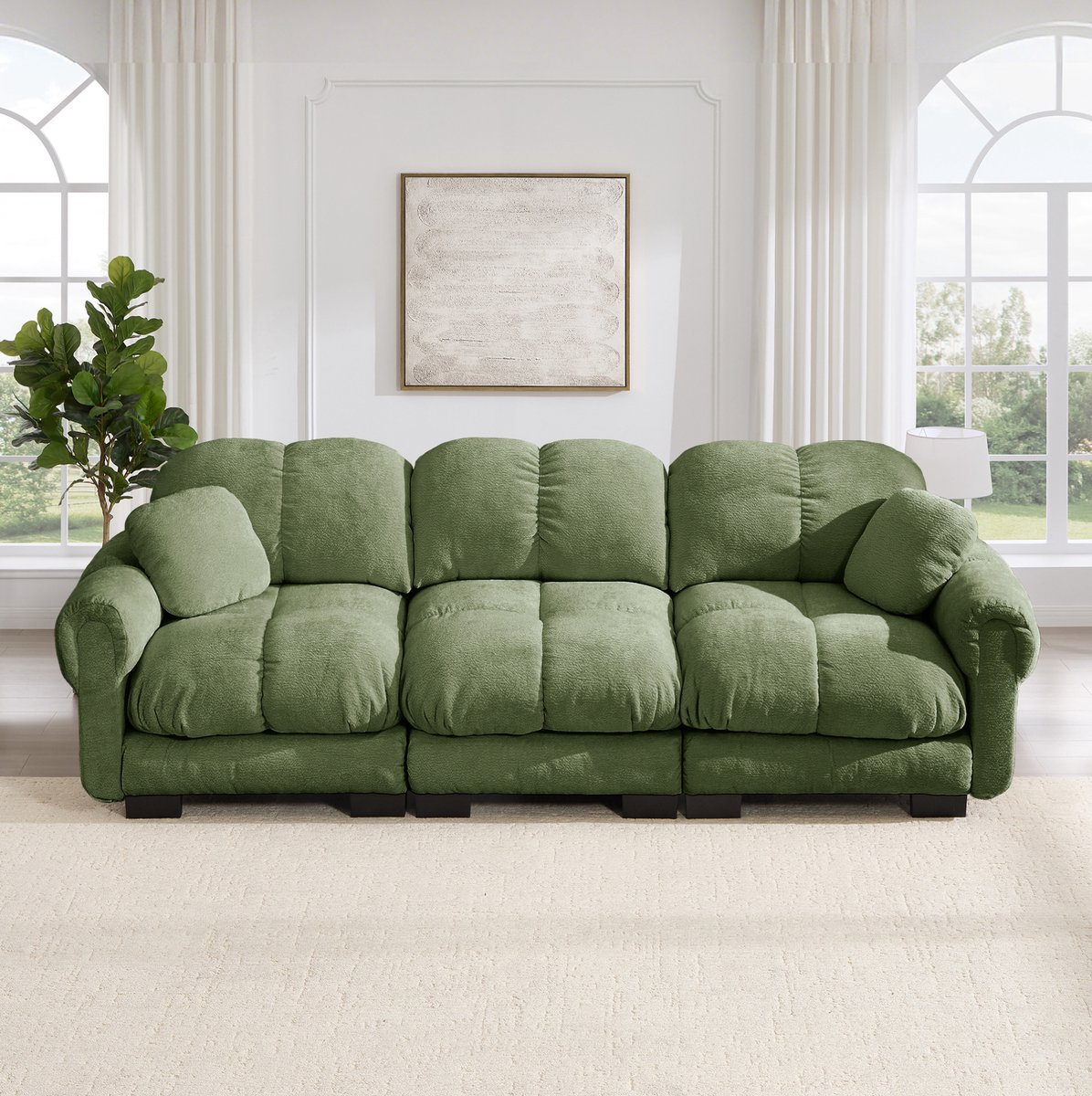 Wishdor 3-zits bank - Met 2 sierkussens - Dik zitkussen en gestikt design - Modulair pinsysteem - Voor woonkamer - Chenille stof - Groen - 260 x 86 x 90 cm