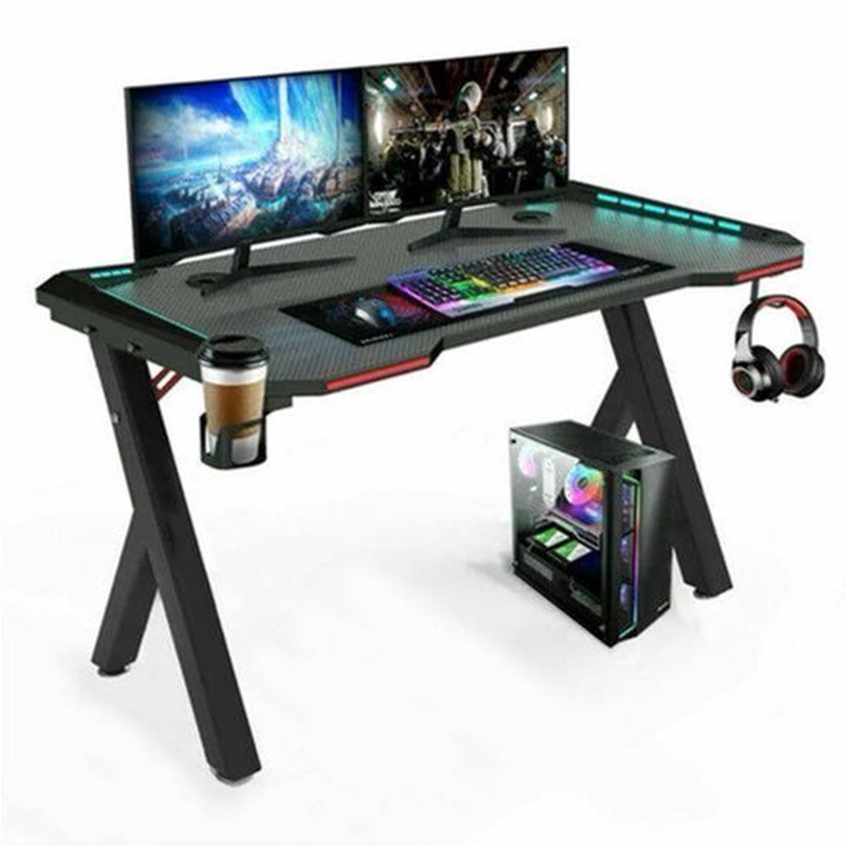Groot Laptop Computer Bureau - Groot Formaat - PC Bureau - met RGB LED-verlichting - Rechthoekig Staand Bureau - Gaming en Thuiskantoor - Zwart
