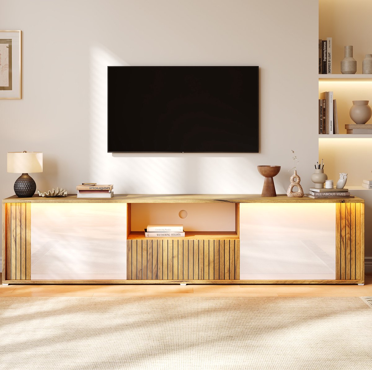 TV Meubel - 2 Deuren, 1 Lade En LED - Woonkamer - MDF En Spaanplaat - 180x40x51 Cm - Wit/Naturel