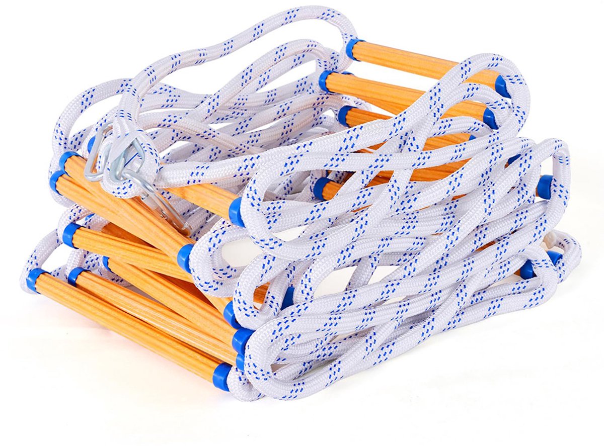 Brandtrap van 5 meter – Inclusief 2 karabiners – Verdikte touwladder – Kunststof touwladder – Balkontrap – Noodtrap – Brandtraining – Brandwerend – Antislip – Inclusief dubbele haken – Nylon & Polyester