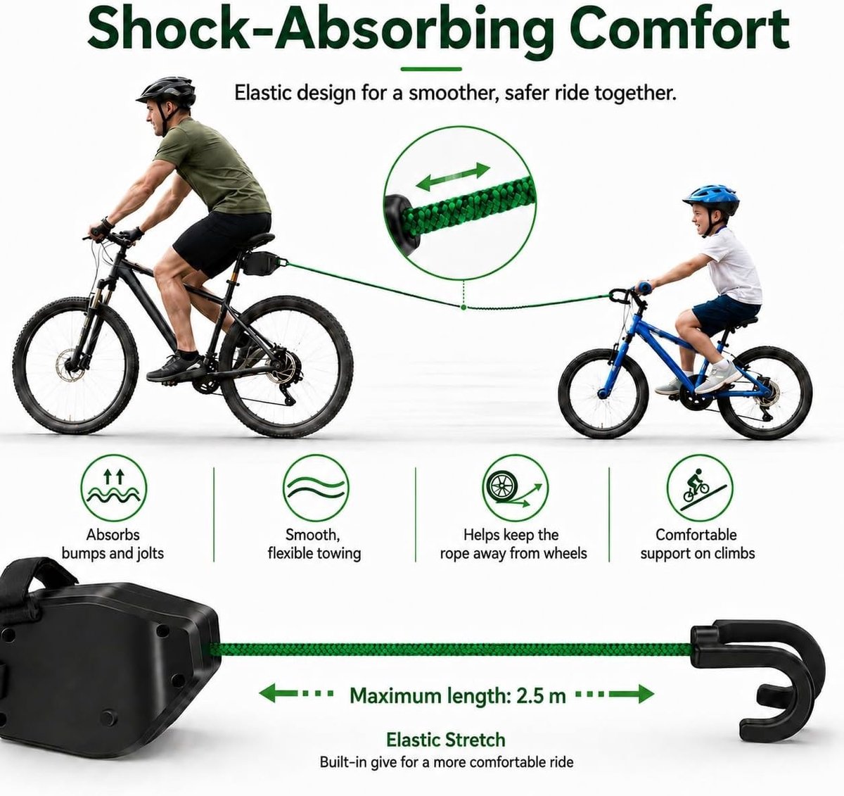 Fiets sleeptouw - 2,5 meter - Automatisch Krimpend Touw - Veilig Kinderslepen