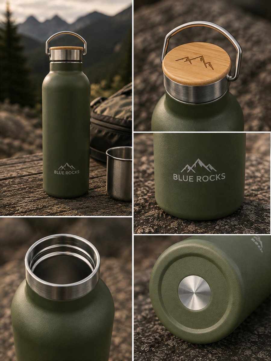 Blue Rocks® - Summit Green - Thermosfles 750ml - Waterfles - Dubbelwandige drinkfles - Plasticvrij - Loodvrij - Geisoleerde fles - Warme Koude dranken - School - Kind - Reizen, Wandelen, Werk, Sport, Yoga - Dagelijks gebruik - RVS - Groen - Green — cadeau in Sport & Outdoor - foto 2