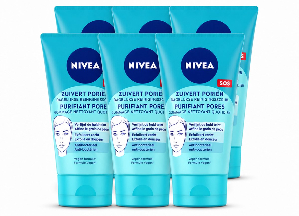 6 x NIVEA - Reinigingsscrub - Essentials Dagelijkse Scrub - Voor onzuivere huid - Met Melkzuur & Magnolia-extract - 150 ml - Voordeelverpakking - 6 stuks