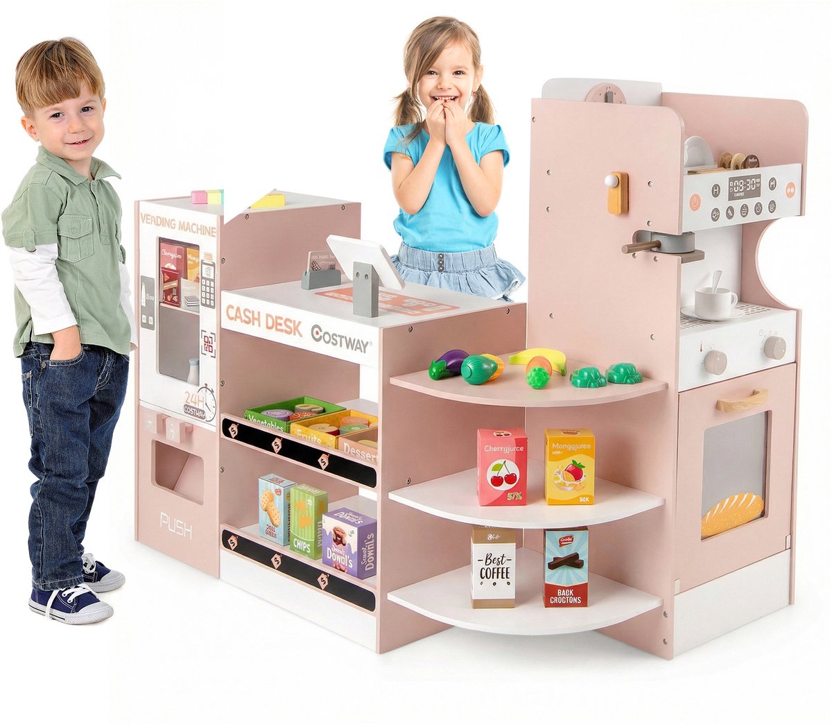 COSTWAY Winkeltje voor Kinderen, Houten Winkel inclusief Accessoires (Roze)