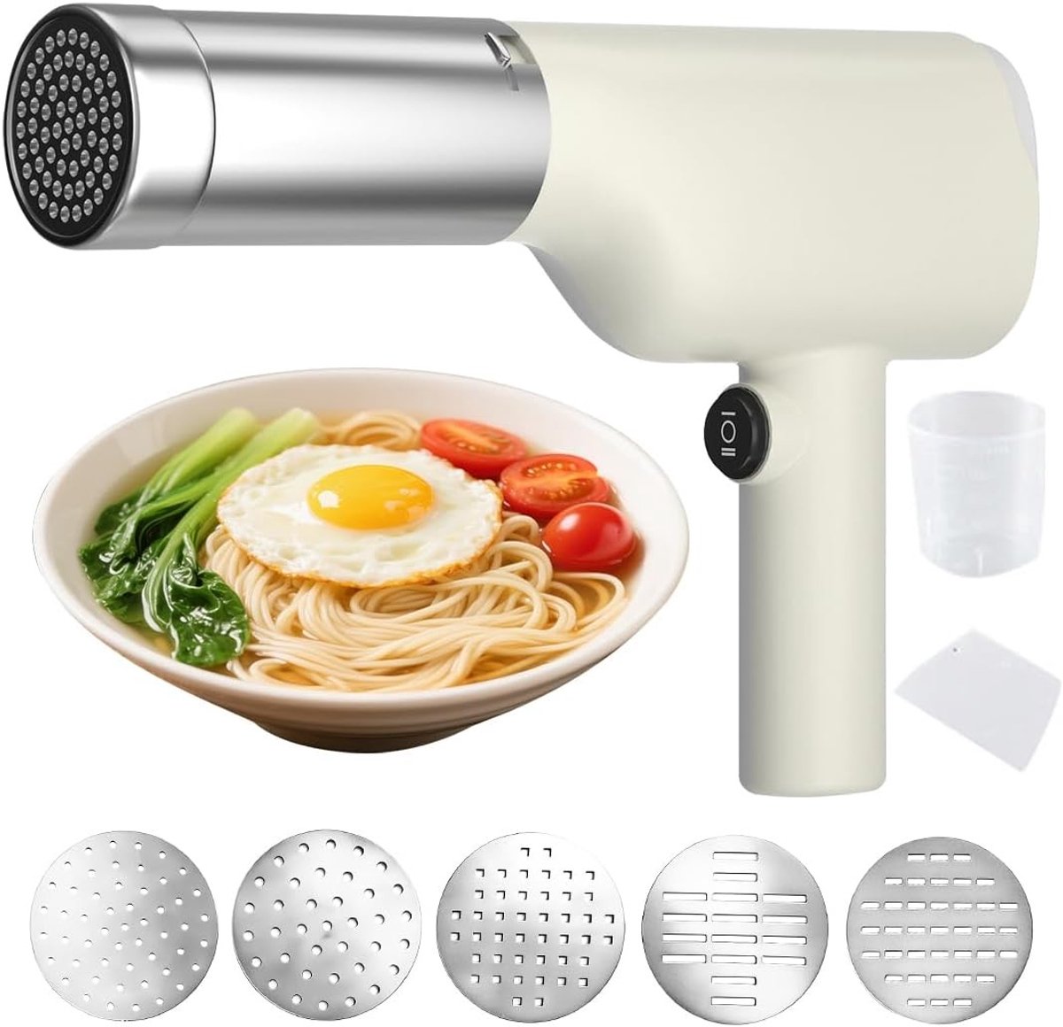 Draagbare elektrische pastamaker met 5 persmallen voor zelfgemaakte pasta, spaghetti en macaroni, ideaal voor reizen en picknicks met het gezin