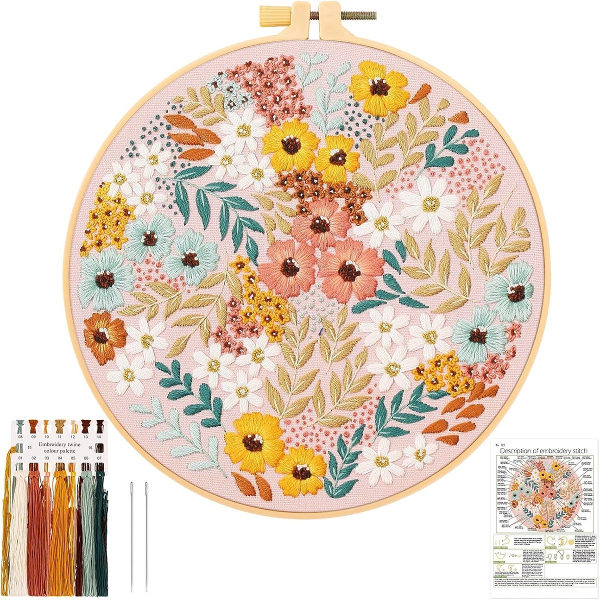 Embroidery Starter Kit met Bloemen en Planten Patroon, DIY Handgemaakt Borduurset voor Volwassenen, Compleet met Kruissteek en Naaigerei