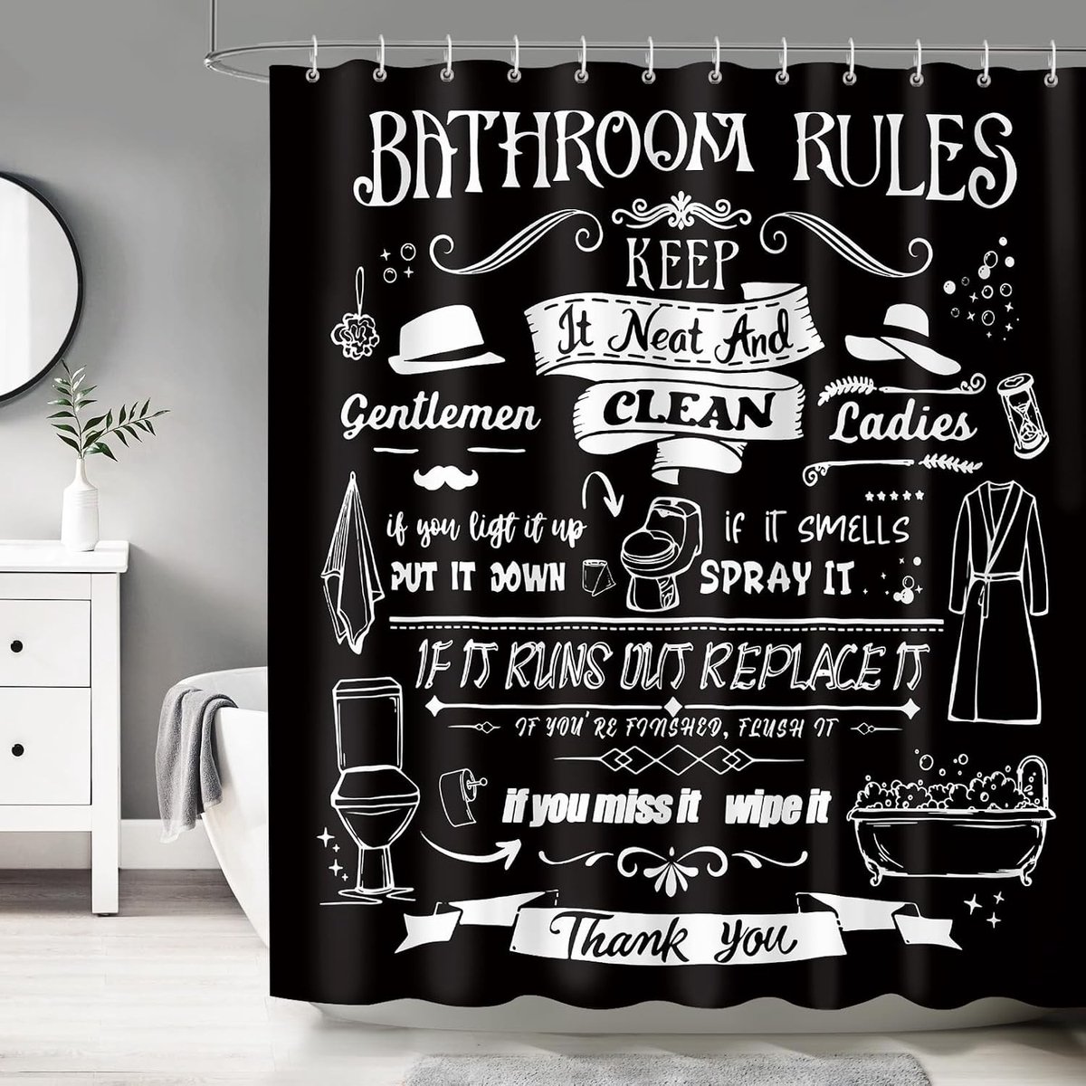 Vintage Badkamerregels Douchegordijn met Retro Handgeschreven Iconen, Waterdicht en Schimmelbestendig, Inclusief 12 Haakjes, 180 x 180 cm voor een Stijlvolle Badkamer Decoratie