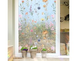 Privacy Film met Regenboog Wildbloemen - 3D Decoratieve Vensterfolie voor Statische Plakstickers, 40 x 101,5 cm, Boho Floral Design en Glas-in-Lood Effect