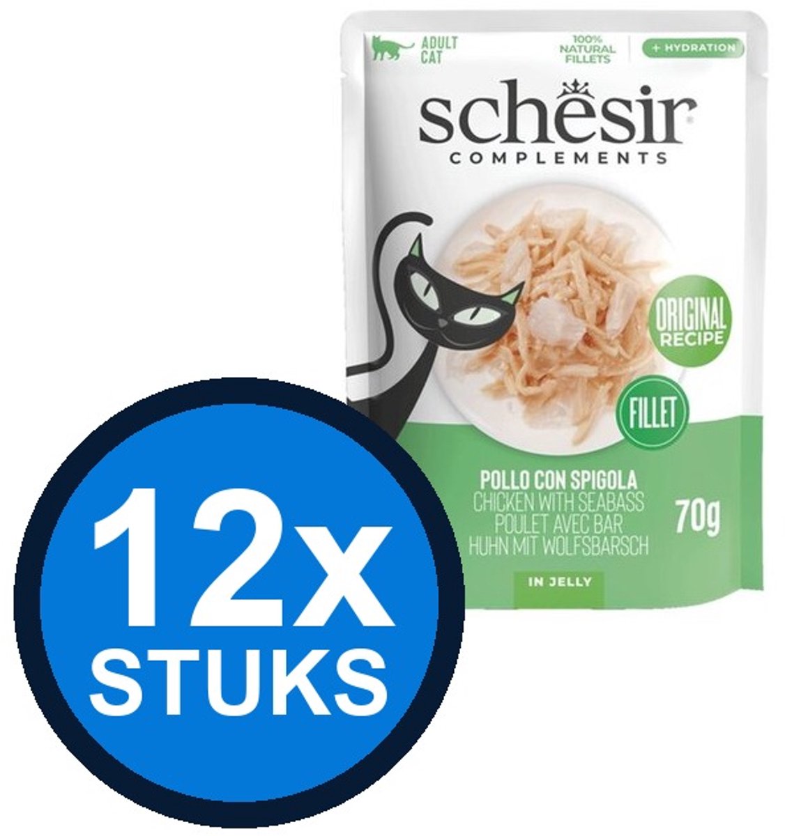 12x Schesir - Complementary - Kattenvoer - Gelei in zakje - Kip & Zeebaars - 70g