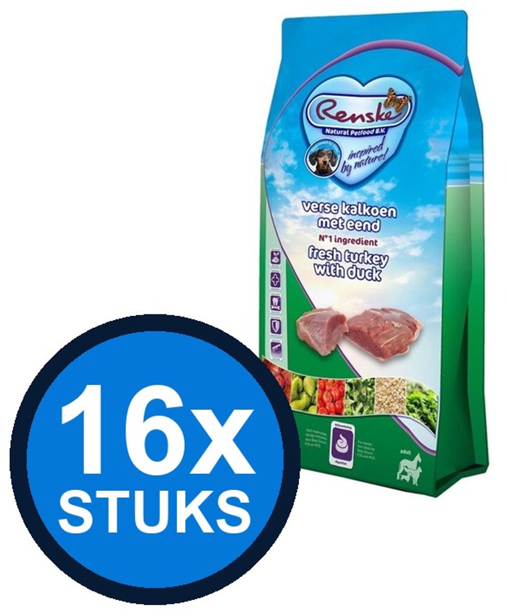 16x Renske Super Premium droog hond adult kalkoen&eend 600gr