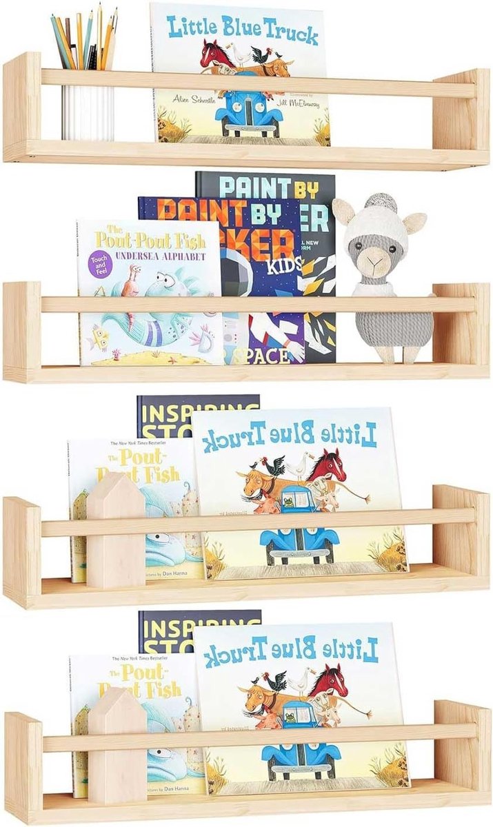 Set van 4 Wandplanken voor Boeken van Hout, Muurbevestigde Planken voor Kinderkamer, Decoratieve Opbergoplossingen voor Thuis en Slaapkamer