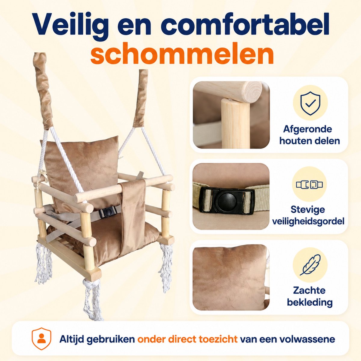 Trendmix Houten Babyschommel 3-in-1 – Meegroei Kinderschommel & Schommelzitje – Binnen & Buiten – Tot 25 kg — afbeelding 2