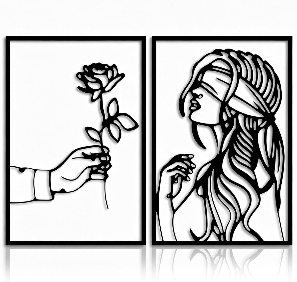 Metalen zwarte wanddecoratie met rozen en meisjes, romantische wandkunst voor slaapkamer, minimalistisch design en liefdevolle sfeer