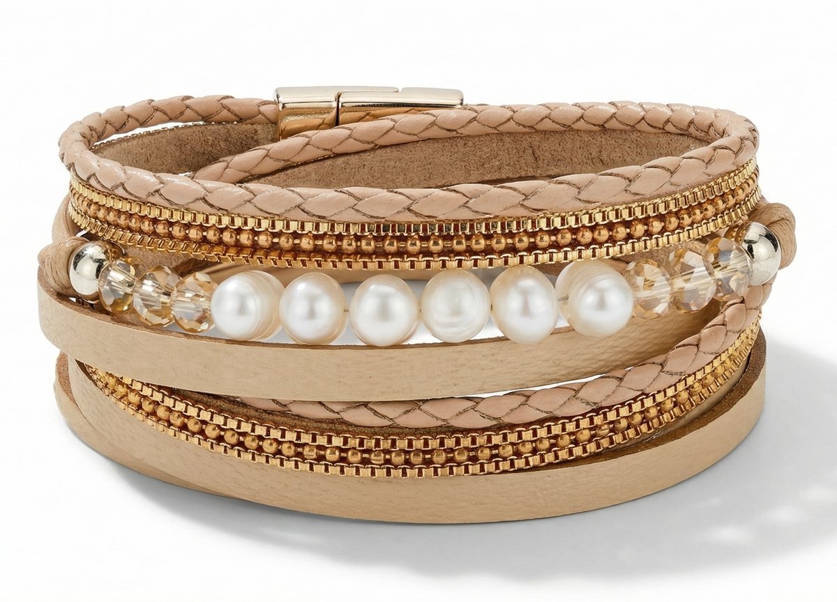 Wikkelarmband Dames Zand Leren armband Galeara design Perla 18,5cm met Parels Rosekleurig