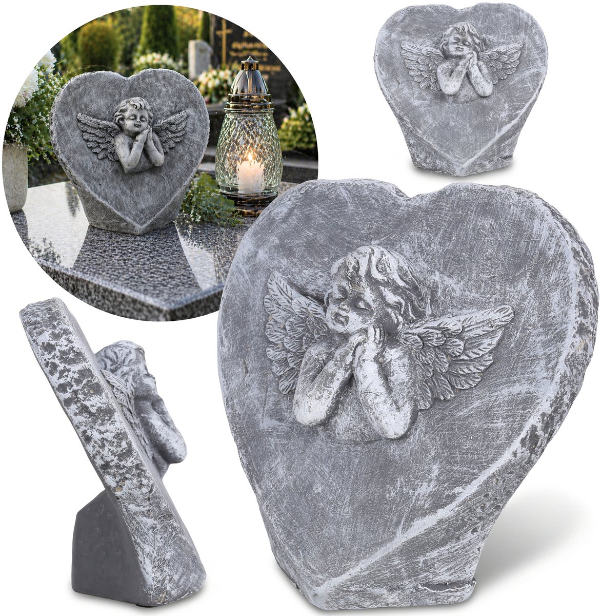 Cementen ornament, grafbeeldje hart met ENGELTJE, grafdecoratie, VOOR HET GRAFMONUMENT 18x7,5x16cm