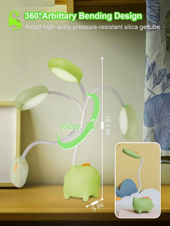 Dinosaurus bureaulamp, schattige kinderbureaulampen met aanraakbediening om te lezen, geen flikkering, 3 kleurmodi, nachtlampjes voor de kinderkamer, kawaii bureau-accessoires, kawaii kamerdecoratie voor jongens en meisjes, cadeaus — afbeelding 4