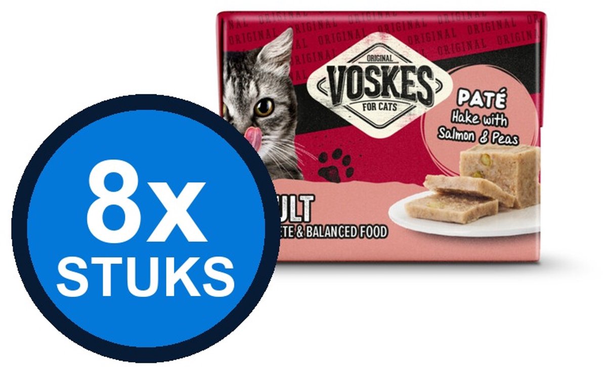 8x Voskes Original Paté Adult Heek Zalm & Erwten Multipack 8x95g - Kattenvoer Nat