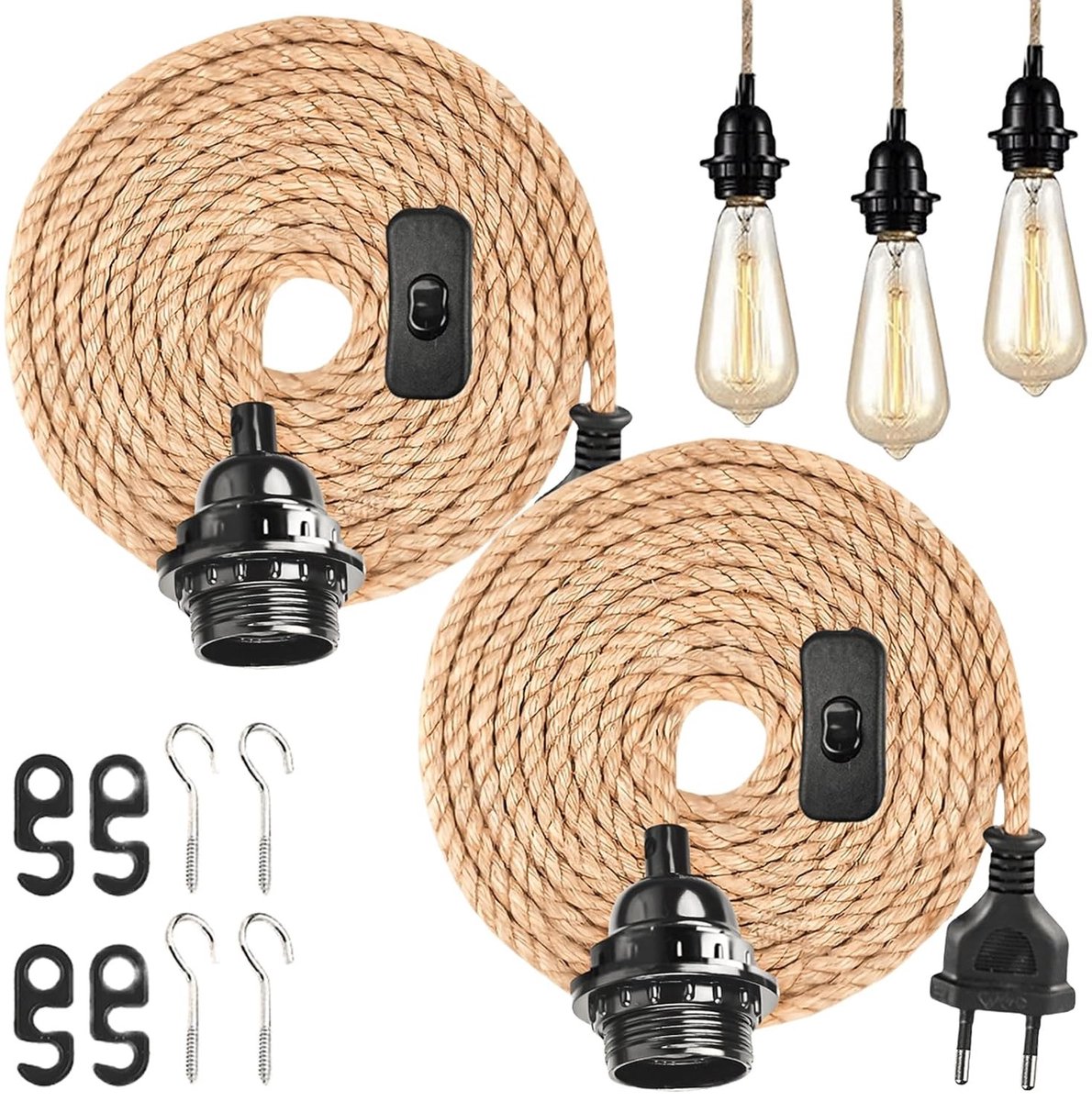 Vintage Hanglamp met Schakelaar en Stekker, E27 Fitting, 4.5 Meter Jute Touw, DIY Verlichting voor Schuur, Boerderij en Zolder