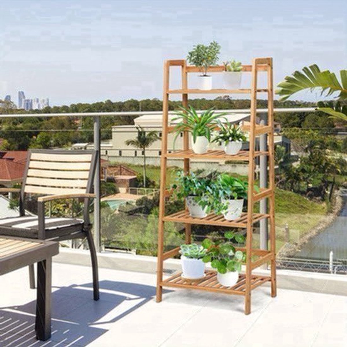 Ladderkast – Boekenkast – Plankenrek – Opbergkast – Traprek – Bamboe Houten Opbergrek – 4 Lagen – 48x32x115 cm