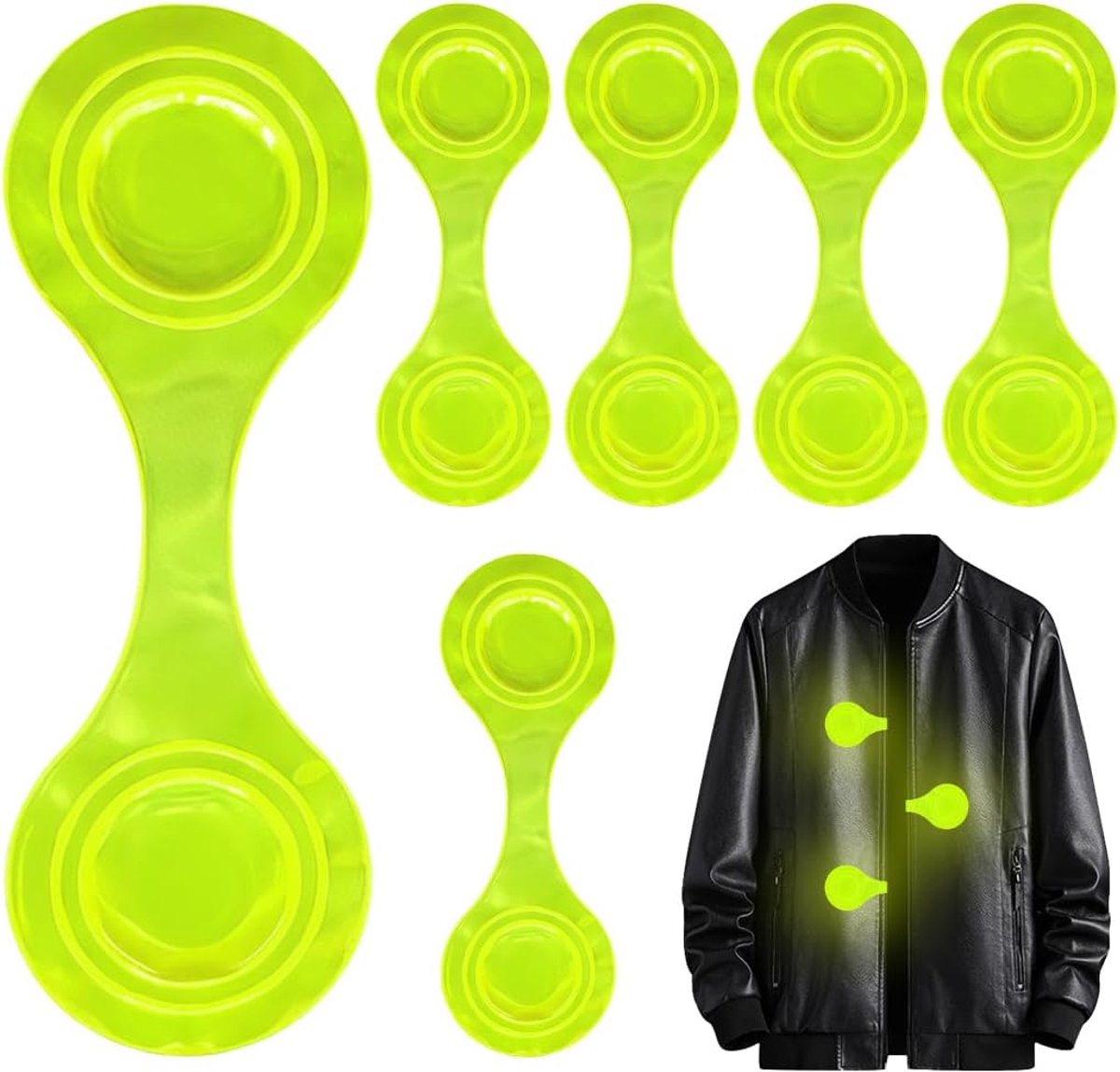 Reflecterende clips - Pak van 6 - Magnetische reflecterende vellen - Klikmagneten - Geschikt voor rugzakken, jassen, kleding, kinderwagens, fietsen, enz. - Veiligheidsreflecterende vellen - Groen