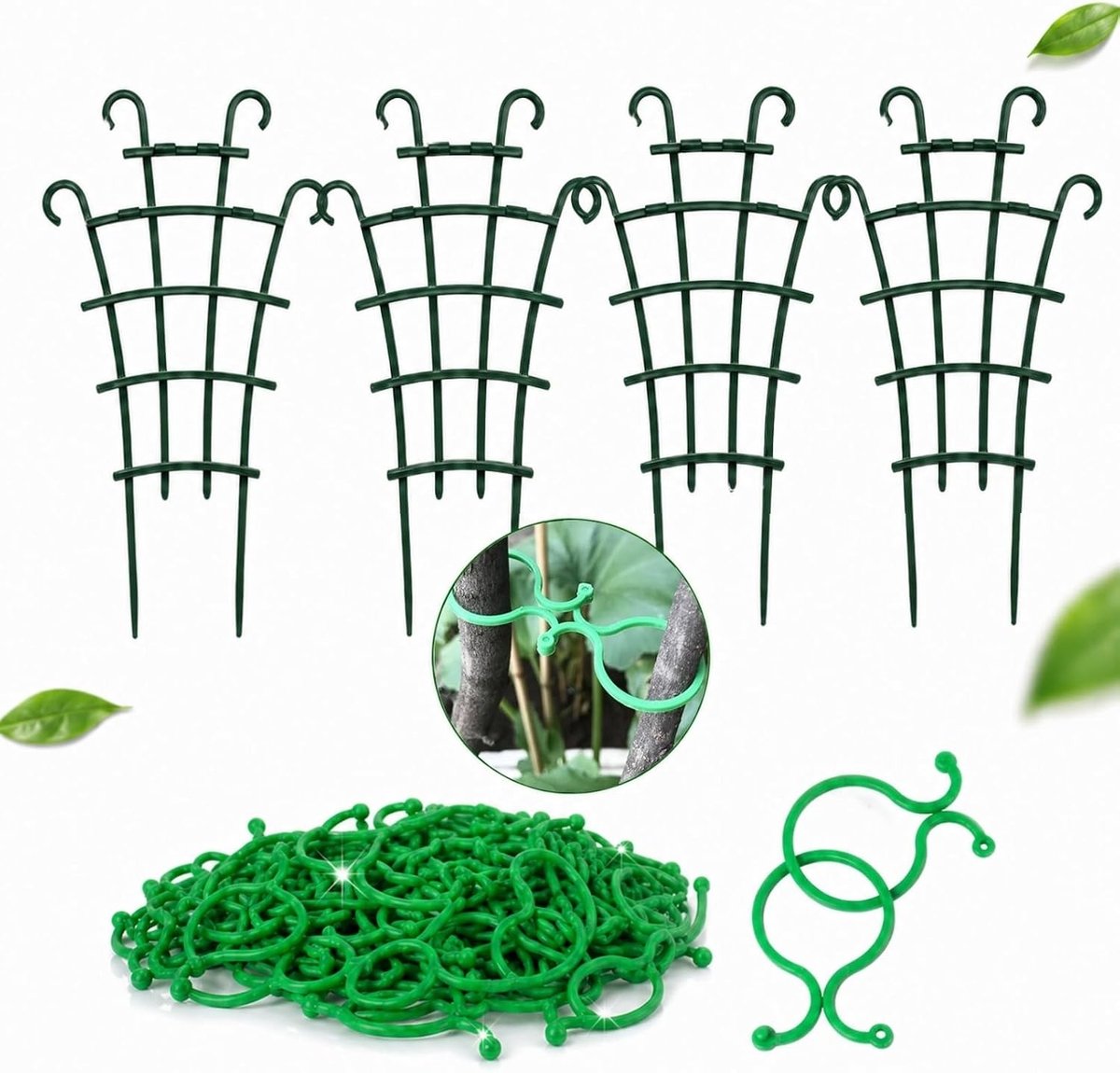 Set van 4 Binnenplanten met 50 Plantclips voor Klimplanten - Ideaal voor Rozen en Ondersteuning van Planten met Plastic Trellis en Trench Aid