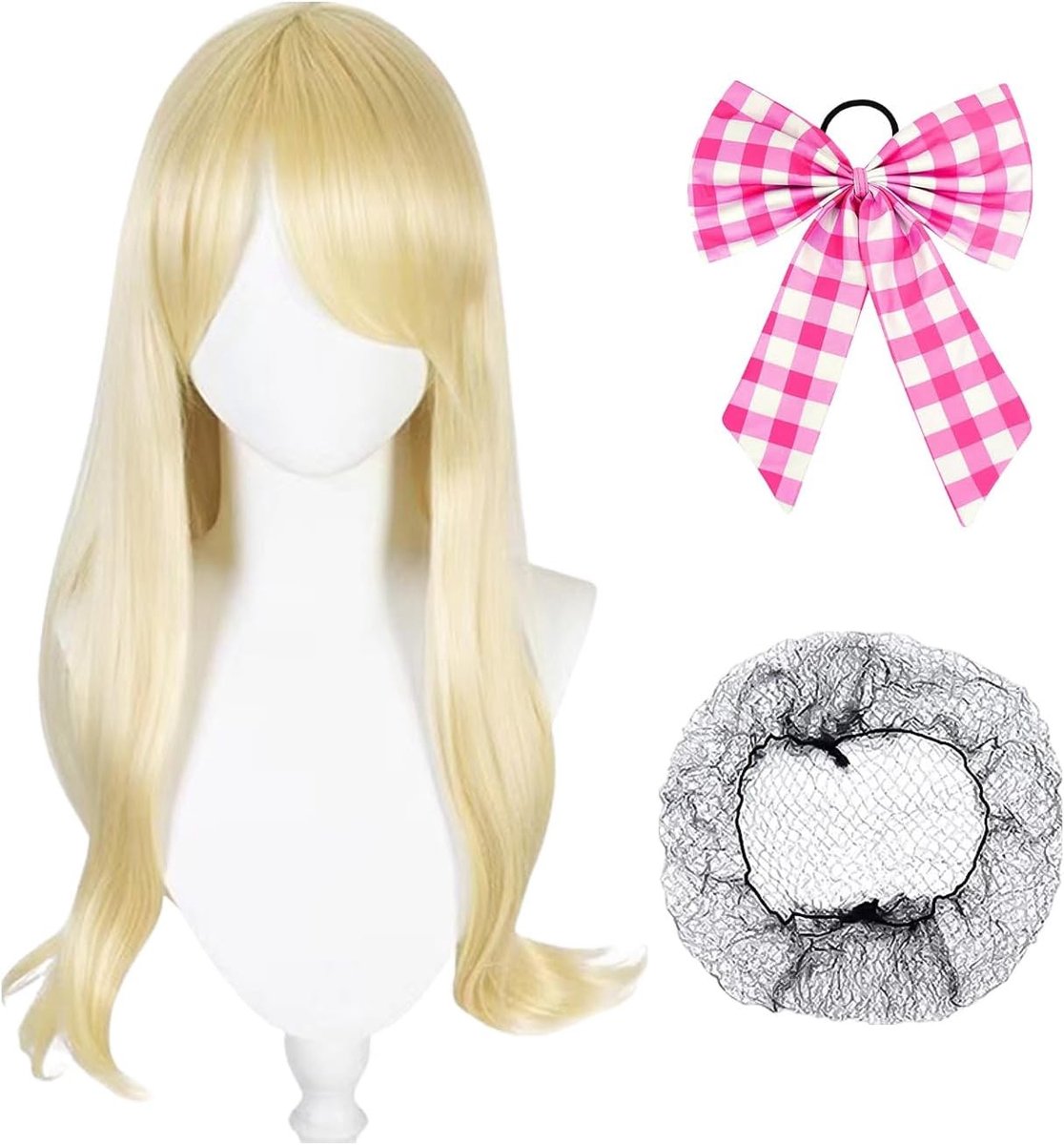 Blonde prinsessenlook met haarnet en roze strik, perfect voor carnaval, feesten en verkleedpartijen voor meisjes.