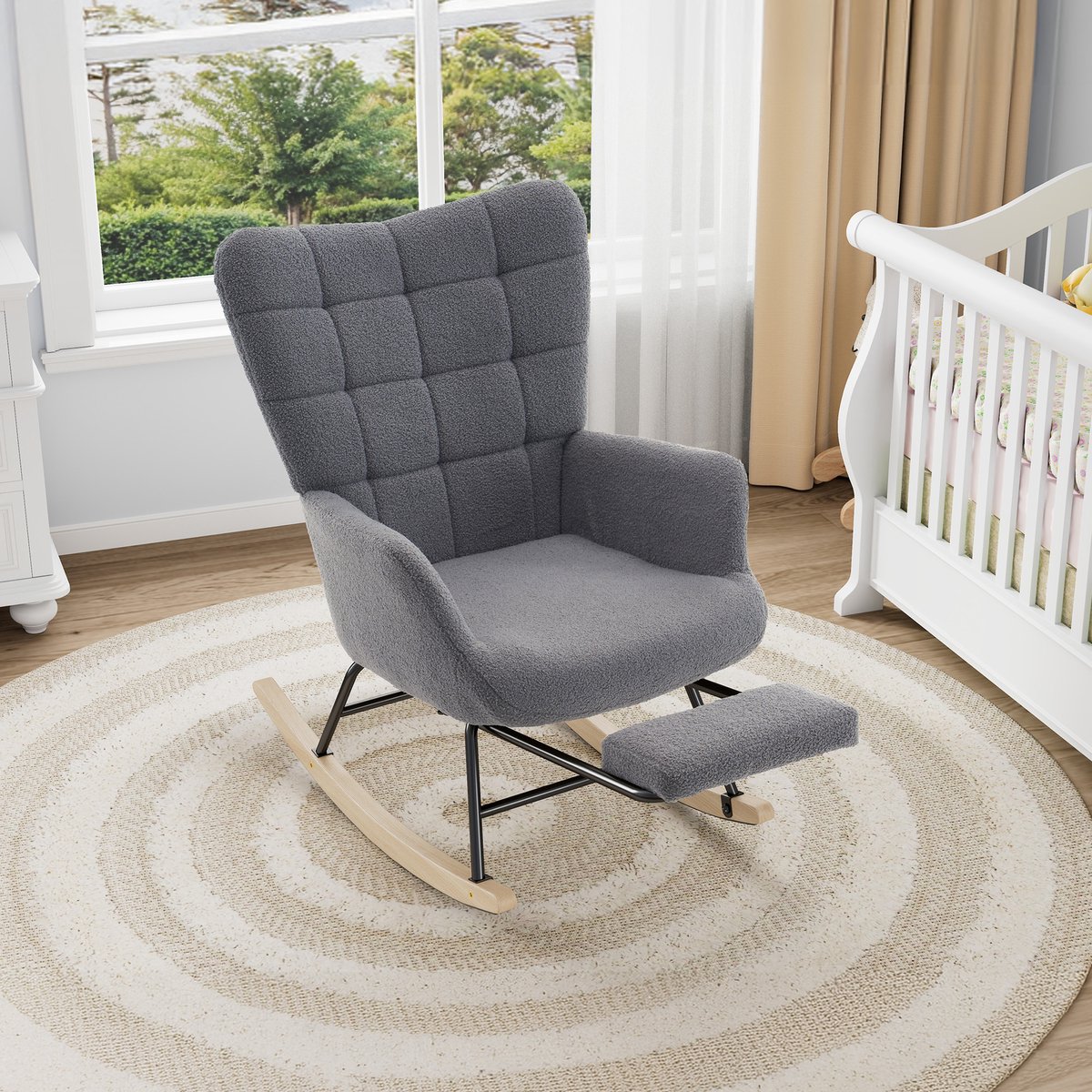 HAUSS SPOLE Schommelstoel - Schommelstoelen babykamer - Relaxfauteuil - Teddy - Met voetsteun - Grijs