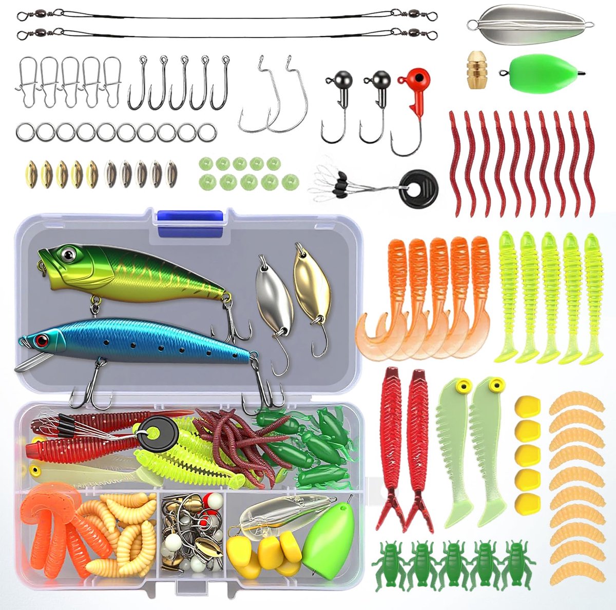 Vis aas set - Gemengd kunstaas, shads, spinners, poppers, jigkoppen met aasdoos - Voor snoek, snoekbaars, forel, baars, zoet- & zoutwatervissen - 100 stuks