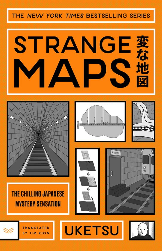 Boekomslag met de titel 'Strange Maps'. De achtergrond is oranje met een witte rand. Verschillende illustraties van kaarten, een tunnel en een trein zijn te zien.