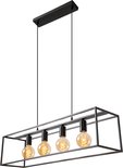 Zwarte rechthoekige hanglamp met vier grote Edison gloeilampen, gedetailleerd in de studio.