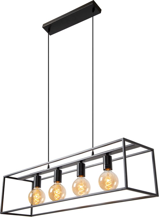 Zwarte rechthoekige hanglamp met vier grote Edison gloeilampen, gedetailleerd in de studio.