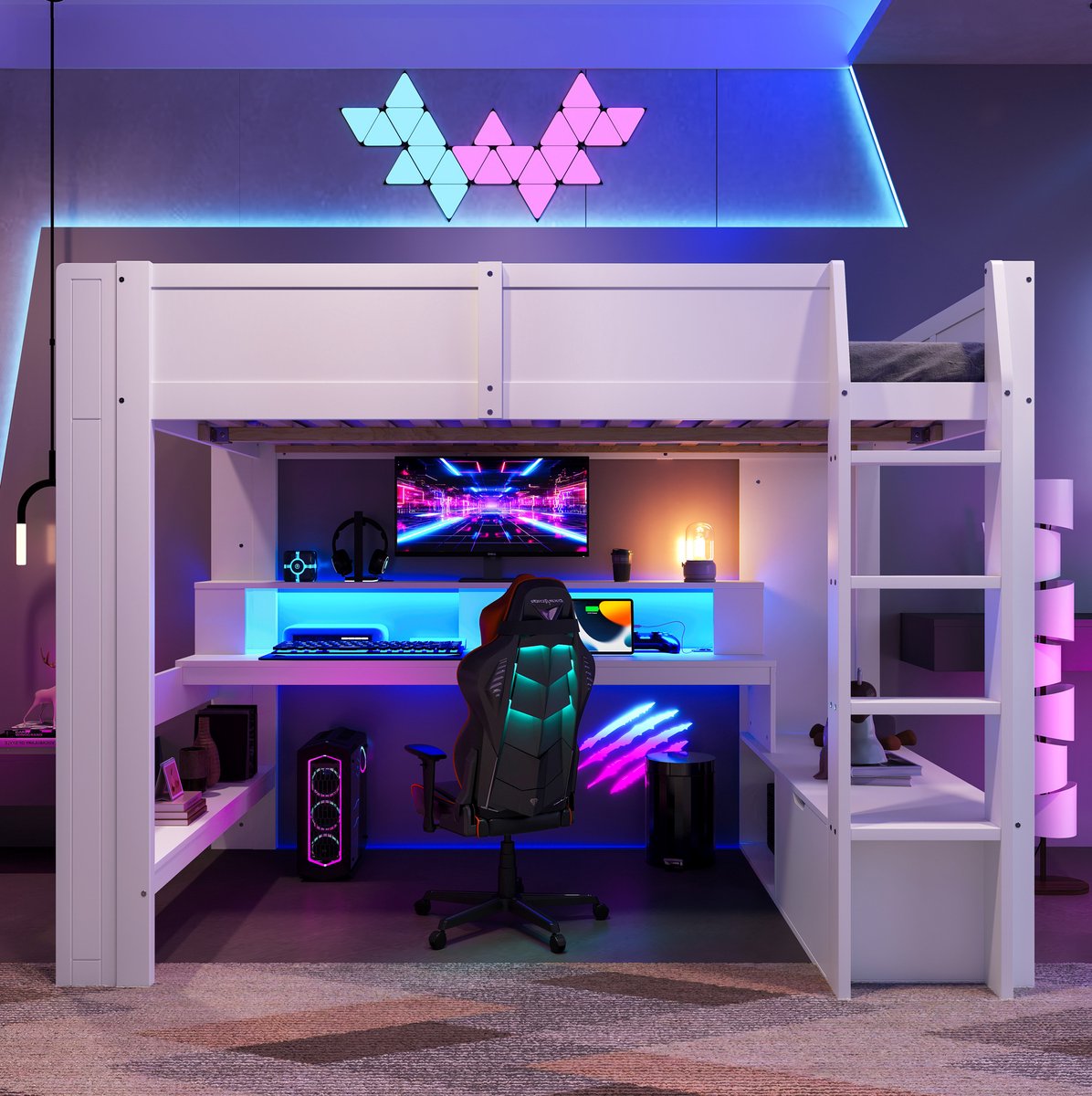 COVREO Hoogslaper met bureau – 140x200 cm – Gamebed met LED en lade – Slaapmeubel voor kinderen vanaf 6 jaar – Wit - zonder matras