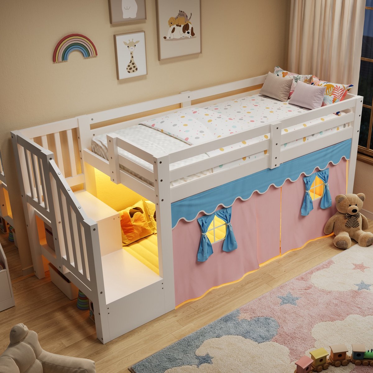 REDOM - Halfhoogslaper 90x200 cm - Wit, Kieferhout, LED-verlichting, Verdunkeling-vorhang, opbergruimte onder bed