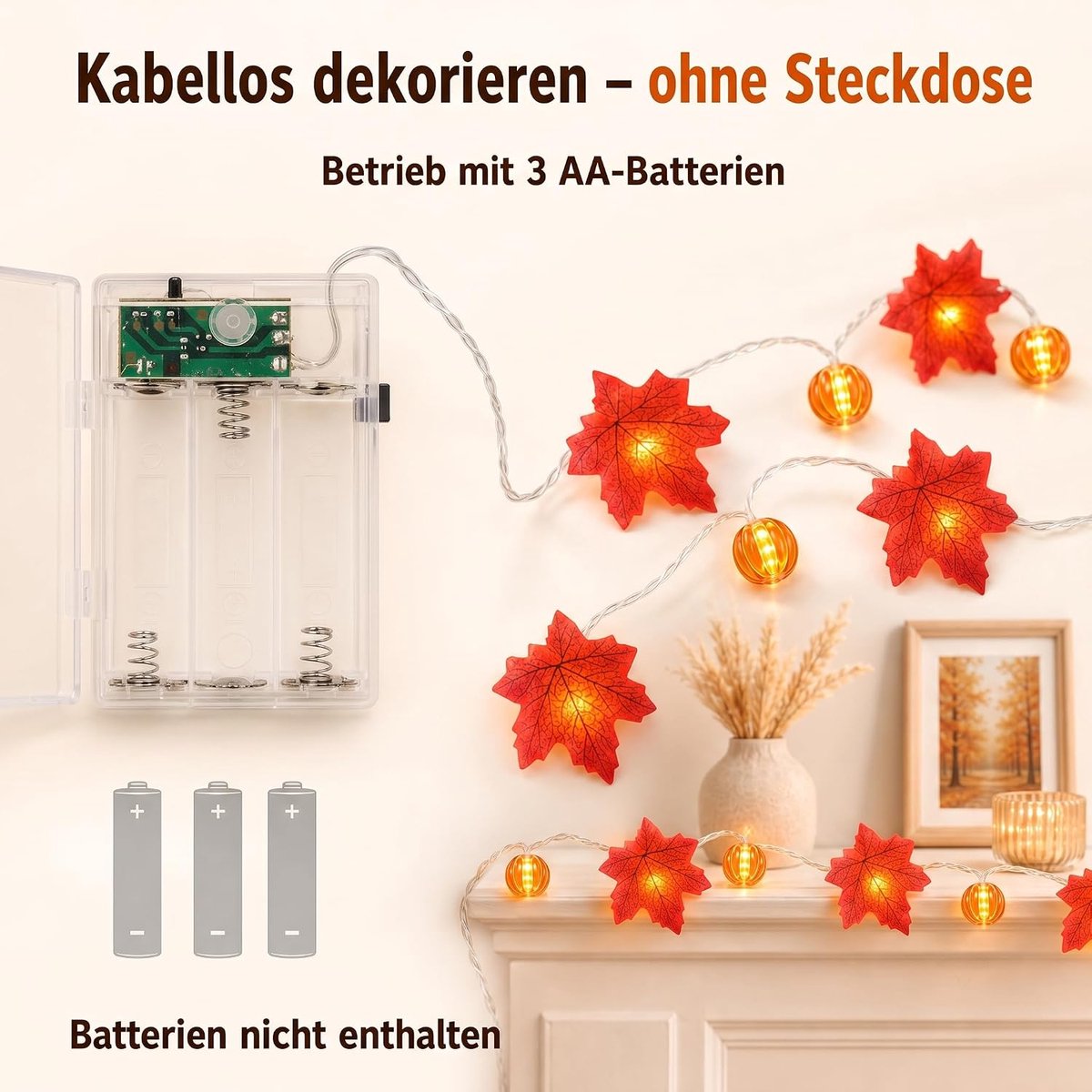 3m Herfst Lichtslinger met 20 LED Esdoornbladeren - Sfeervolle Buiten- & Binnenverlichting - Voor Tuin, Terras, Raam & Herfstdecoratie - Warme Gloed - Batterijgevoed - Eenvoudig te Hangenaan - Creëer een Gezellige Herfstsfeer — cadeau in Wonen & Interieur - foto 2