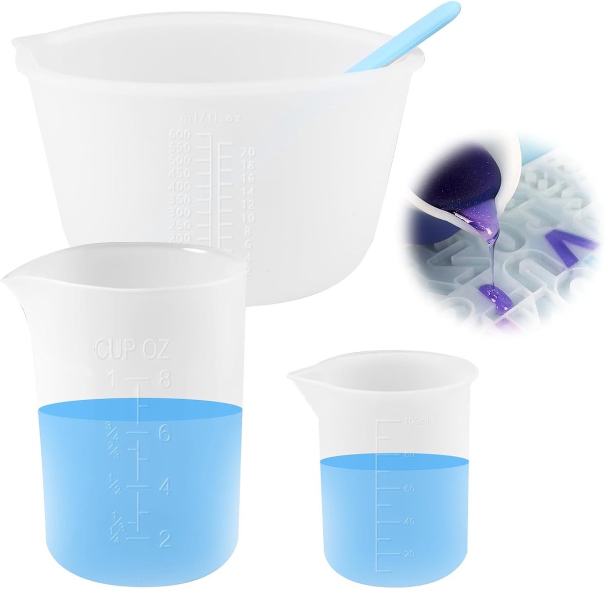 Set van 3 Siliconen Maatbekers 600ml, 250ml en 100ml voor Gieten, Bakken en DIY Projecten - Antiaanbak en Duurzaam Design